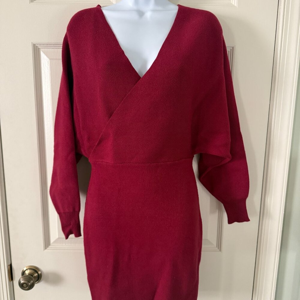 Sweater Dress Sexy V Neck Long Sleeve Backless Wrap Mini Dress XS Burgundy New